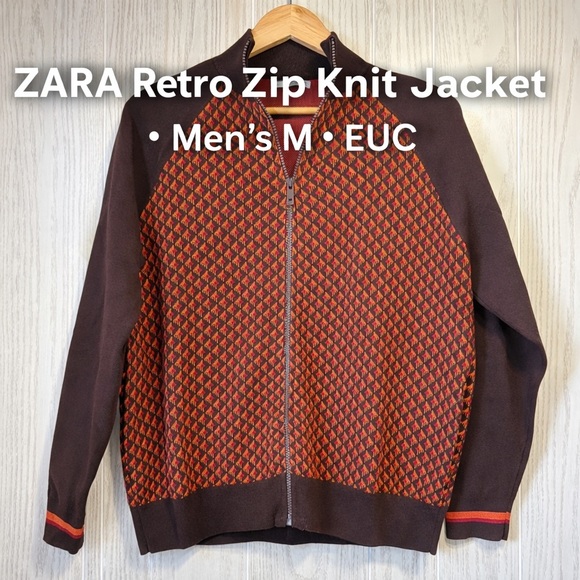 Zara Brown Rust Geometric Zip-Front Knit Jacket Sweater